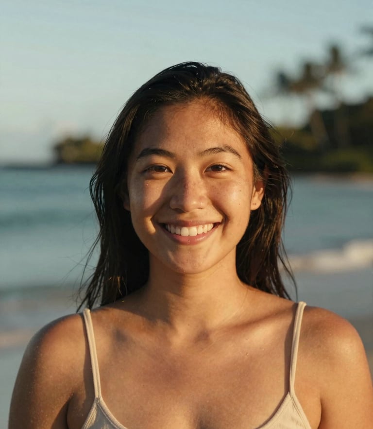 Approachable environmental portrait of Dee smiling, warm golden-hour light, Hawaii background, soft depth of field, 35mm