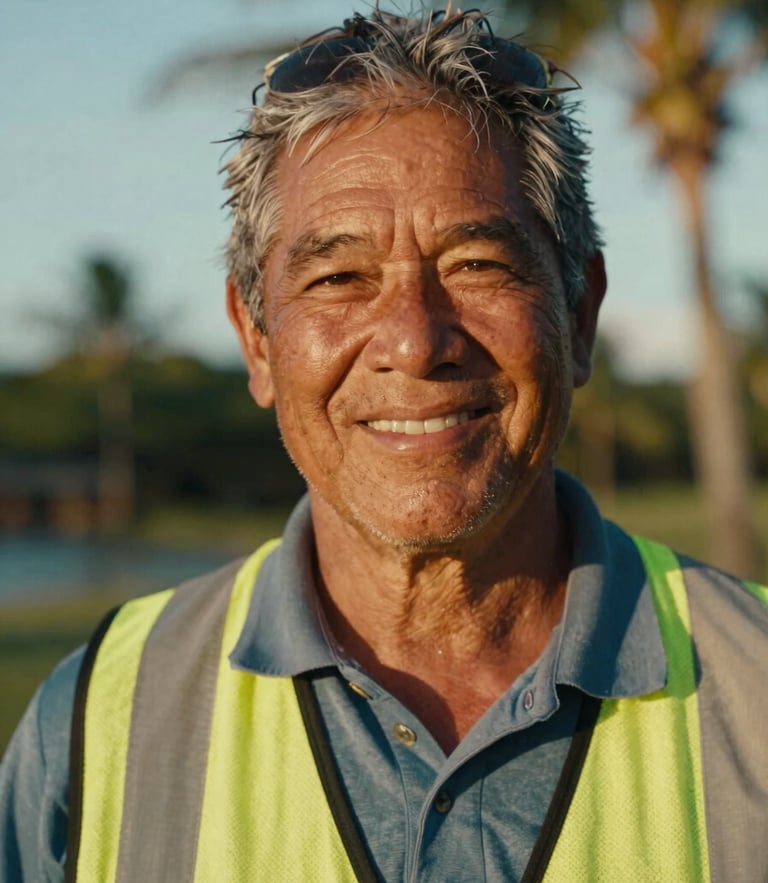 A warm, close-up portrait of Dee, a retired Hawaiian crane operator, smiling in a safety vest with soft golden-hour light and a blurred tropical background, 35mm.