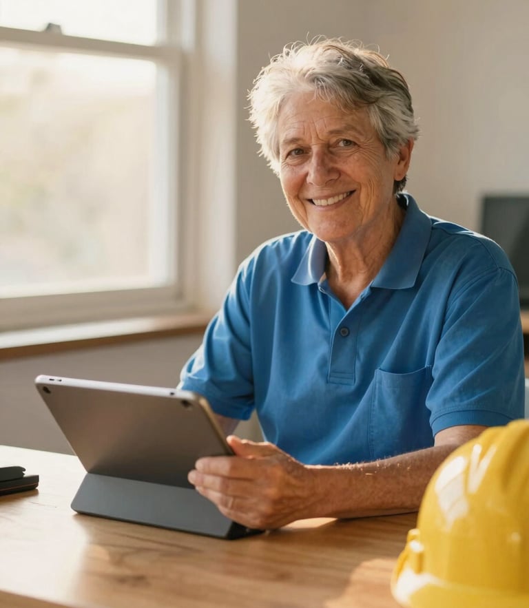 A warm environmental portrait of Dee, a retired crane operator with a friendly smile, sitting at a clean wooden desk with a tablet and a hardhat nearby, soft natural golden-hour window light, highly legible and welcoming.