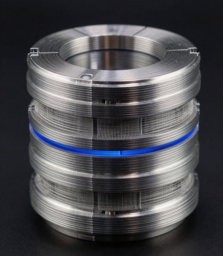 Macro photography of an industrial-grade additive titanium aerospace component, showing precise layer lines and wireframe mesh overlay, high-contrast low-key studio lighting with sharp blue rim-lights, dark background