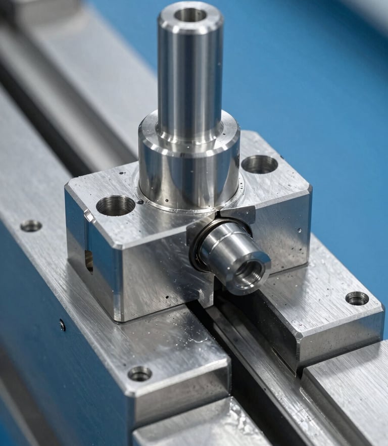 Macro shot of a high-precision stainless steel forming mold with bright clean factory lighting, metallic steel tones, sharp industrial photography