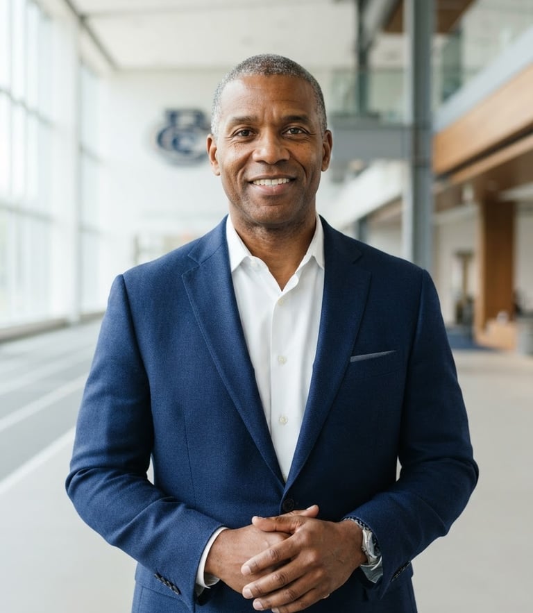A professional medium-shot portrait of an athletic director in a structured navy blazer, clean background, bright natural daylight, 50mm lens.