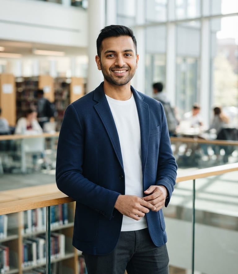 Professional medium shot portrait of Manish Kumar in a clean athletic blazer, bright natural daylight, academic setting, sharp focus