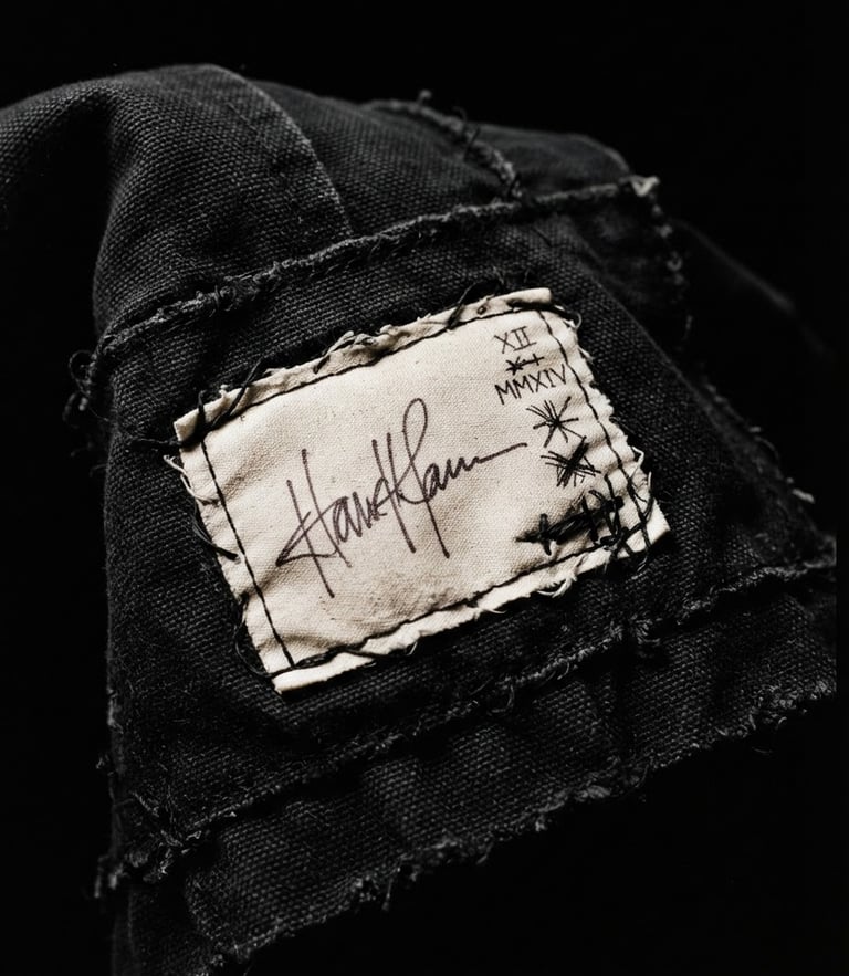 Stark editorial fashion photography of a hand-signed artist label stitched onto thick canvas-weight black textile, harsh dramatic studio lighting, deep shadows