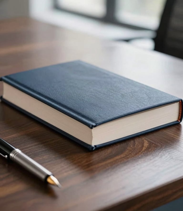 A premium hardcover book resting on a dark walnut desk next to a modern fountain pen, soft natural window light, shallow depth of field.