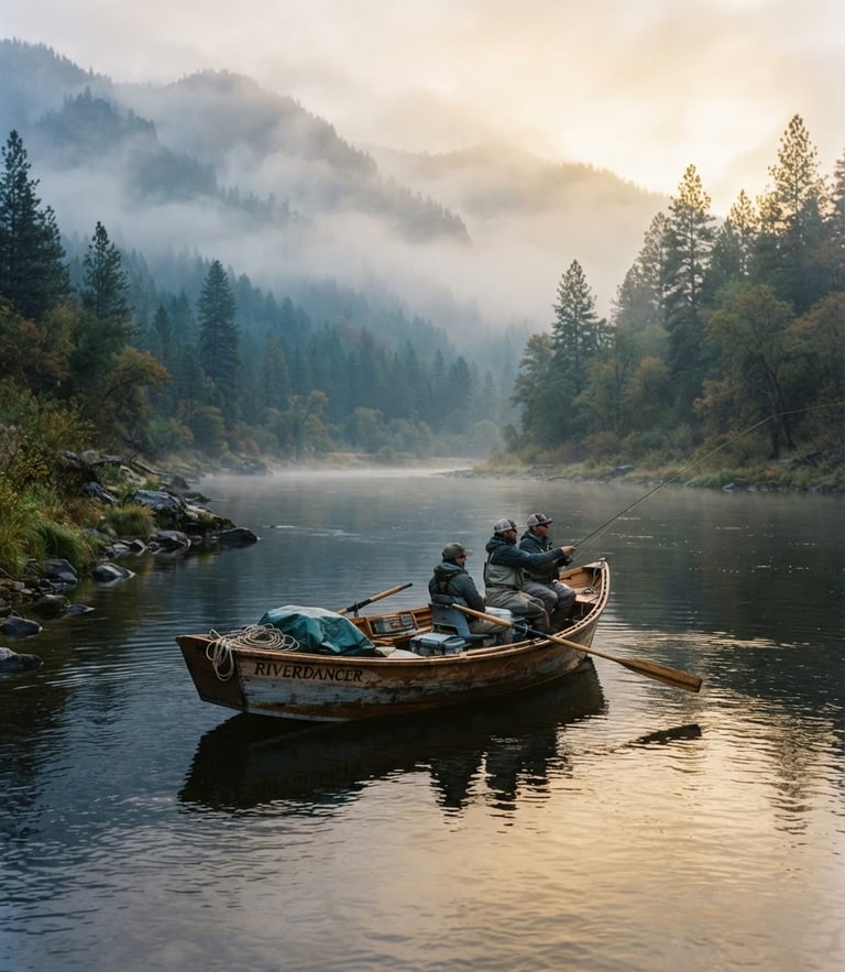 Misty morning on the Payette River, a wooden drift boat floating quietly, soft golden-hour reflections, 35mm outdoor photography