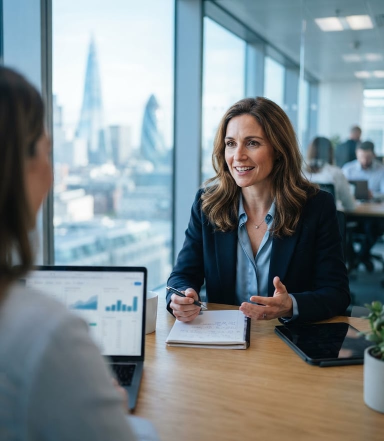 A professional mid-career consultant in a bright, modern London office with natural window light, looking focused and engaged, cool blue tones, shallow depth of field