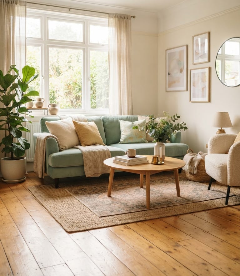 A beautifully styled sunlit living room with polished wooden floors, warm natural daylight streaming through a window, soft golden and mint tones, shallow depth of field