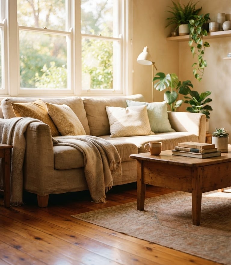 Warm editorial photography of a sunlit living room with polished wooden floors, natural window light, soft golden tones, shallow depth of field, 35mm