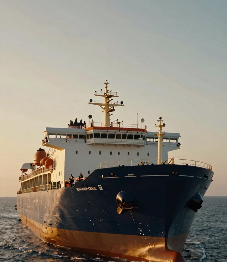 Low-angle heroic portrait of a maritime officer on the bridge of a modern product tanker, warm golden hour light, cinematic 35mm photography