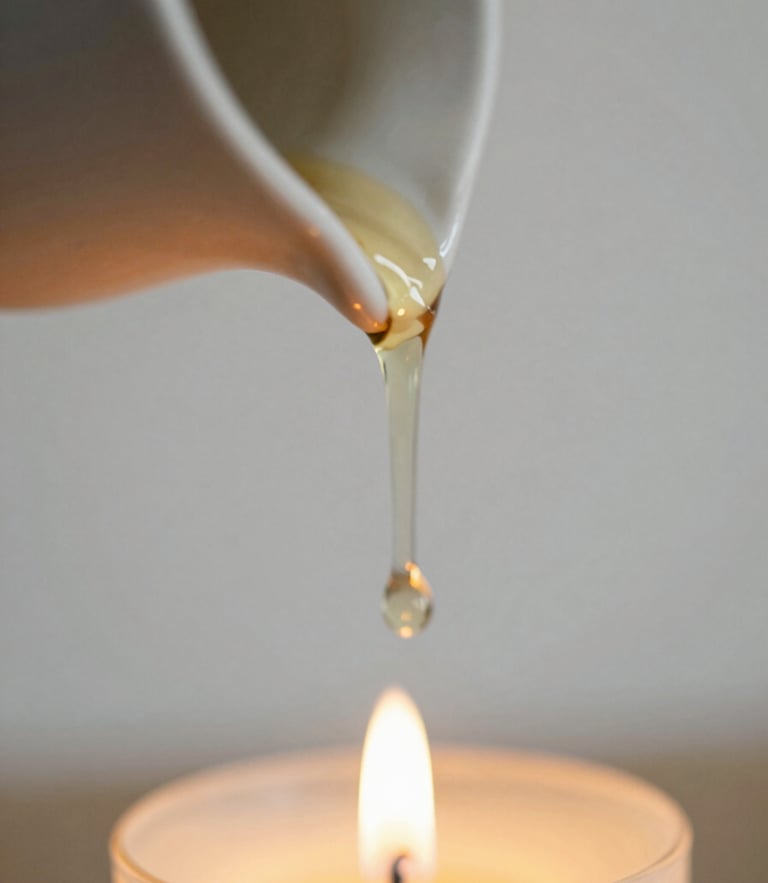 Extreme macro close-up of warm oil slowly dripping from a ceramic vessel, soft diffused candlelight, warm toasted oat and soft gray tones, shallow depth of field, 35mm