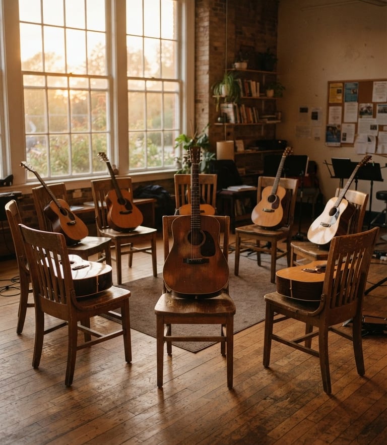 Warm golden hour light streaming through community center windows, illuminating acoustic guitars resting on chairs in a circle, inviting atmosphere.