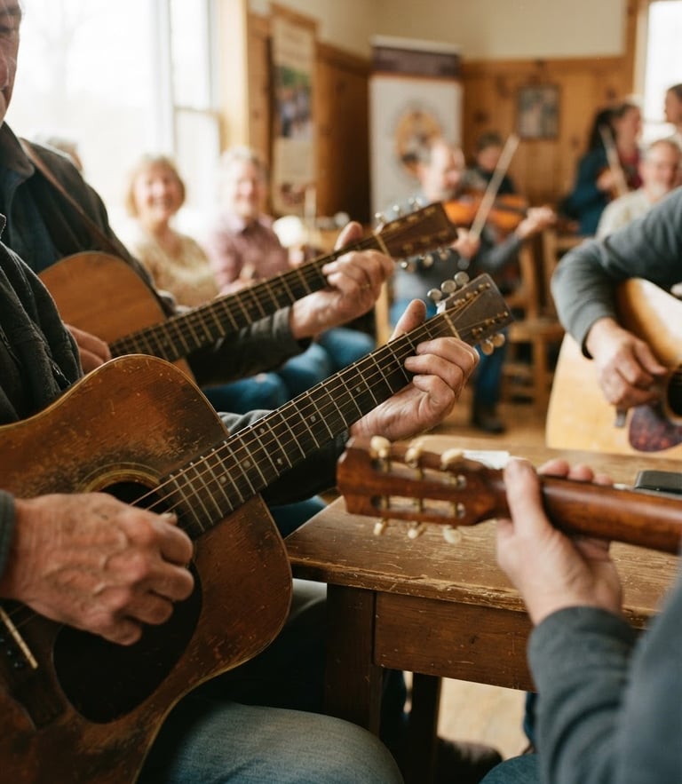 Warm documentary photograph of acoustic guitar fretboards and hands strumming together in a cozy community hall with soft window light