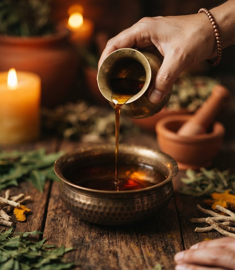 Close-up of warm medicated herbal oil being poured into a traditional bronze vessel, soft golden candlelight, teakwood background, warm editorial photography, 35mm