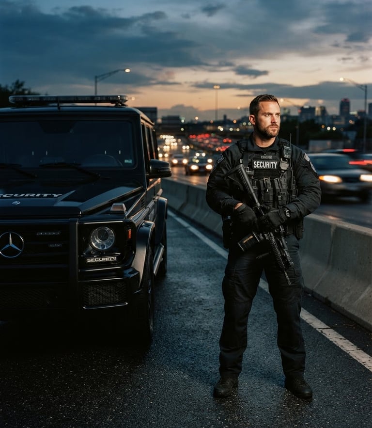 Cinematic tactical photography, professional security agent in uniform standing alert next to a modern escort vehicle, dramatic highway twilight lighting, deep charcoal and amber tones, sharp focus, 35mm