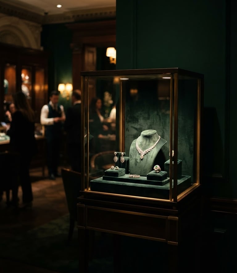 Dramatic low-key editorial photography of a luxurious jewellery showroom interior, soft golden spotlight illuminating a velvet-lined display case, rich emerald green walls, 85mm lens