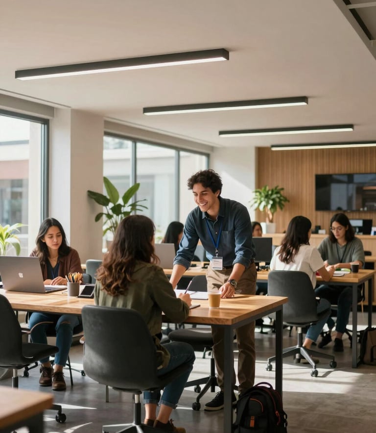 Wide environmental shot of a modern, sunlit coworking space in Bogota, a community manager smiling while helping a member at a wooden hot desk, soft architectural lines, clean natural lighting