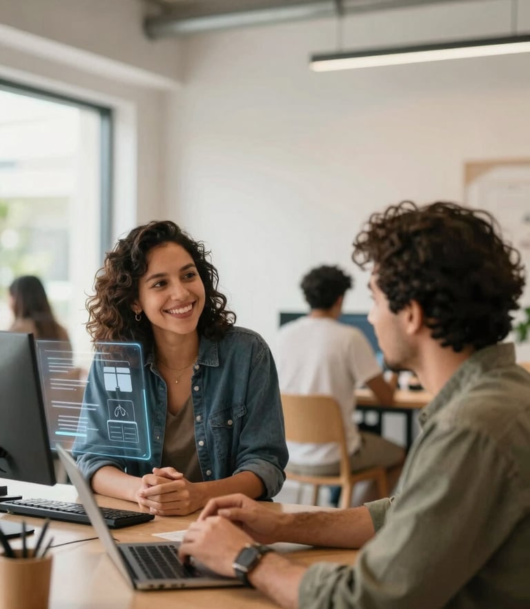 A bright, natural-light environment of a modern Latin American coworking space with clean architectural lines, where a community manager is smiling and talking to a nomad member, soft tech interface overlay.
