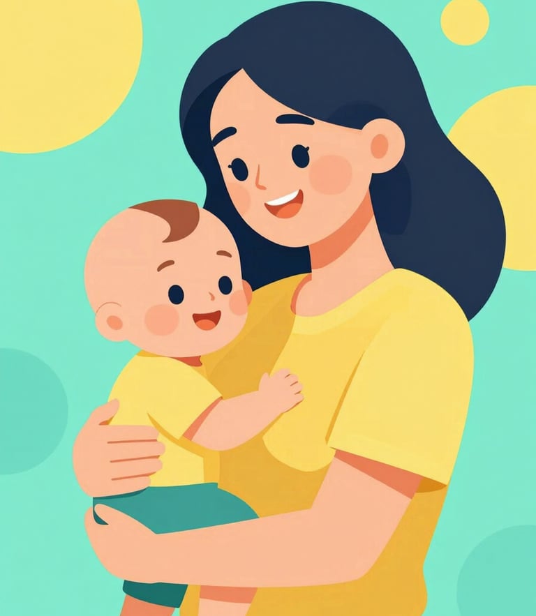 Bright vector illustration of a smiling mother holding her baby close, warm daylight, soft teal and sunny yellow accents, high contrast flat design