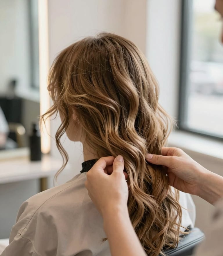 Close-up of hands carefully styling natural wavy hair in a bright minimalist salon, soft daylight filtering through a window, warm neutral tones.