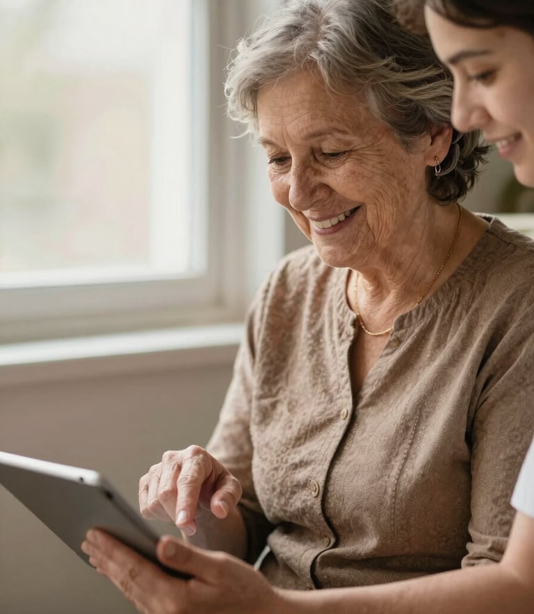 A warm portrait of a senior woman smiling as a young volunteer gently guides her hand on a tablet screen, soft window light, earthy tones, 35mm.