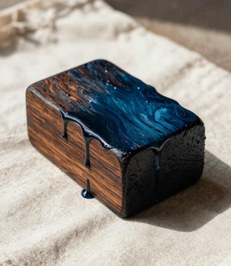Close-up of a carved teak block dripping with rich indigo dye, resting on stretched unbleached cotton fabric, harsh natural sunlight casting sharp shadows.