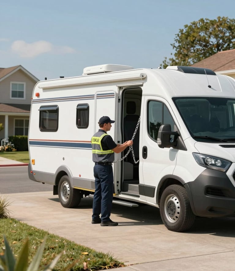 A mobile service vehicle parked in a bright suburban driveway next to a dual-axle caravan, with a licensed inspector checking the safety chains under clear daylight.