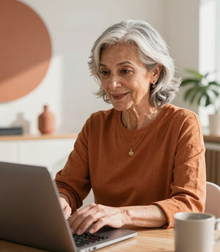 A vibrant Spanish woman in her late 50s with stylish silver hair, working on a laptop in a bright, modern sunlit studio, warm terracotta accents in the background, authentic expression, 35mm lens.