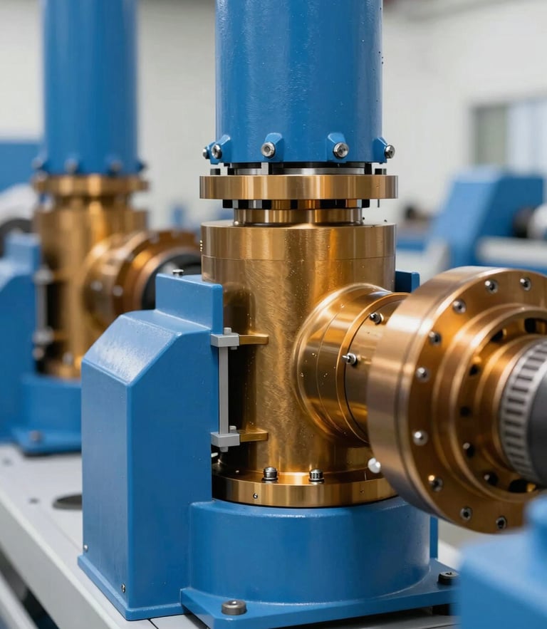 Close-up of high-specification industrial machinery components, crisp details, bright natural daylight, corporate blue and amber tones