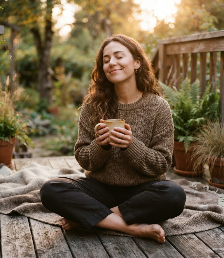 Warm editorial photography of a woman sitting cross-legged on a wooden deck, eyes closed, holding a warm mug, soft golden-hour natural light, shallow depth of field, 35mm film.
