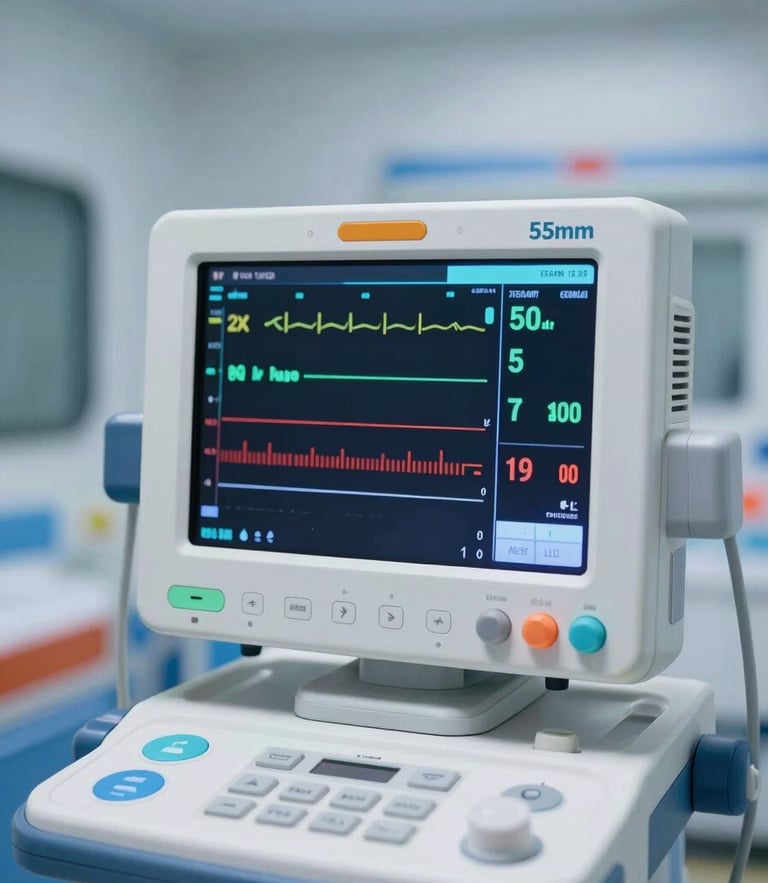 Close-up of a high-tech medical monitor inside an ICU ambulance, displaying vital signs with soft clinical lighting, deep blue and red accents, sharp focus, 35mm