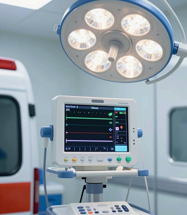 Medium close-up of a state-of-the-art medical monitor showing vital signs inside a modern, clean ICU ambulance, bright clinical light, deep blue accents, professional clinical photography, 35mm
