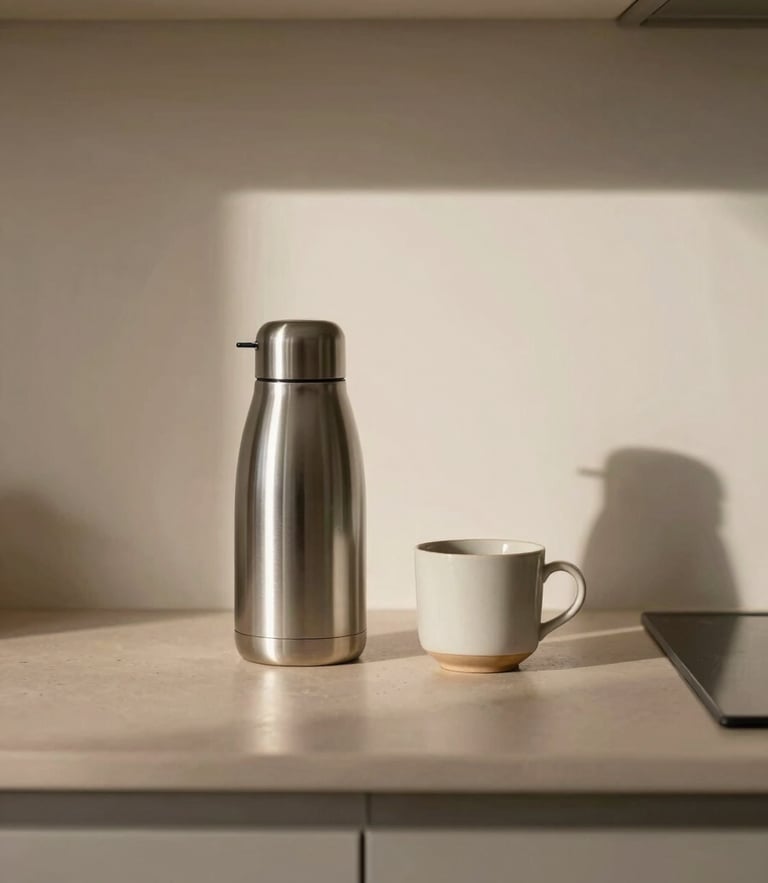 A warm minimalist kitchen counter with a sleek stainless steel thermos next to a ceramic cup, soft morning daylight, neutral sand tones, 35mm lens