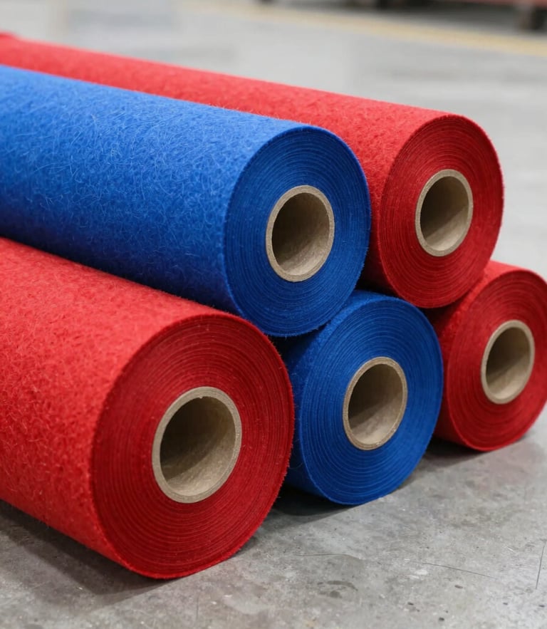 Macro photograph of vibrant, precision-cut red and blue synthetic felt rolls stacked on a clean concrete factory floor, bright industrial daylight, sharp depth of field
