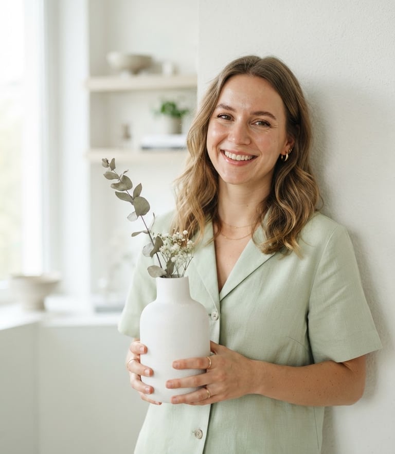 Portrait of a stylish woman wearing a light green blouse, holding a modern white ceramic vase, soft natural morning light, clean minimalist setting, 35mm lens, light green and white tones.