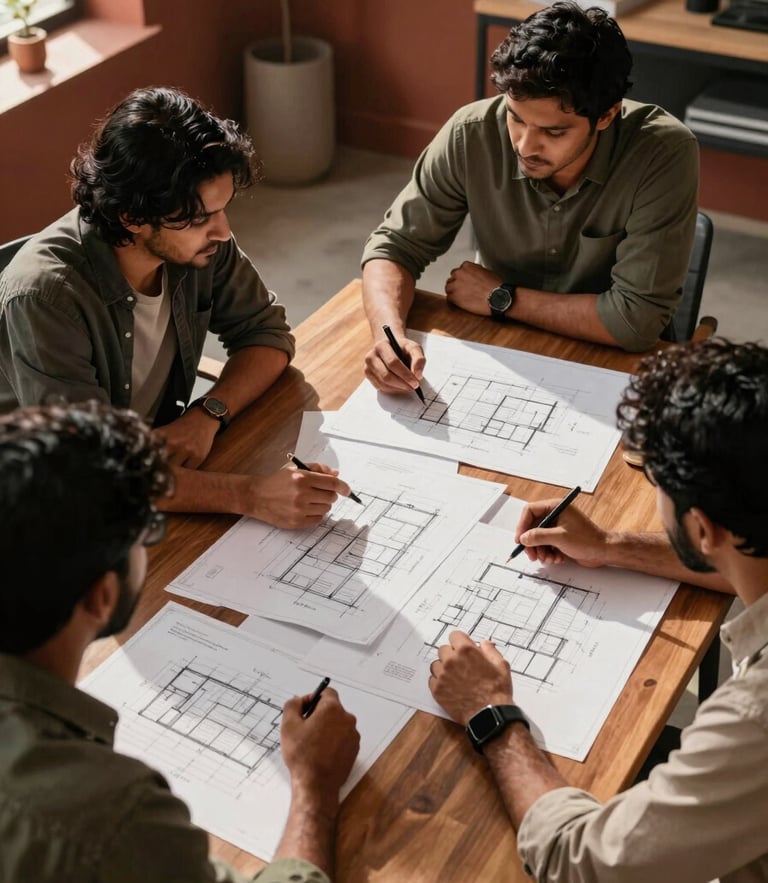 A high-angle architectural photograph of the Yuthikas design team reviewing blueprint schematics on a polished wooden table in a sunlit Guwahati studio, warm terracotta details visible.