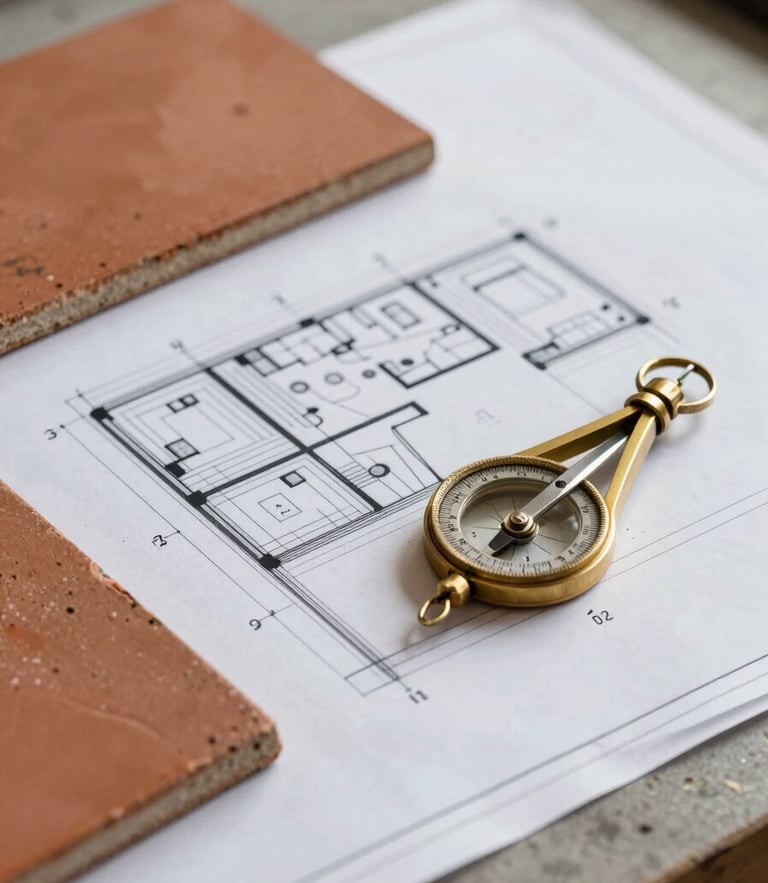 Close-up of architectural blueprint plans laid out on a site table, with a terracotta tile sample and a brass compass, soft natural light.