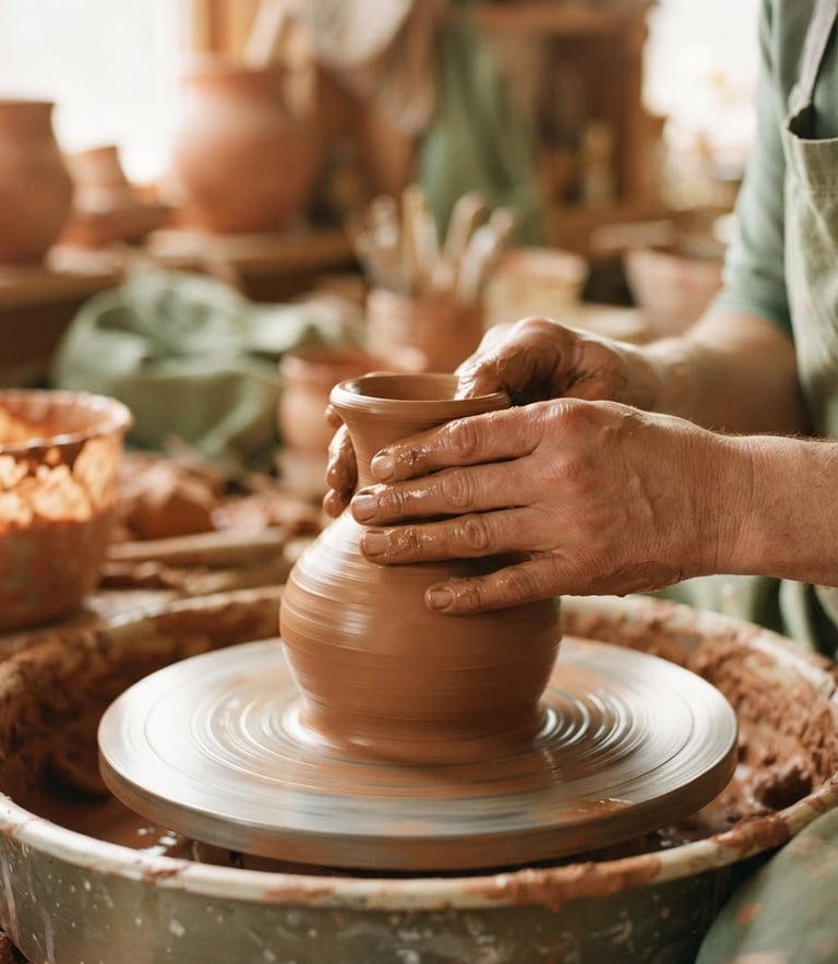 Close-up of hands shaping wet clay on the wheel, warm morning light, soft shadows, earthy terracotta tones, 35mm film