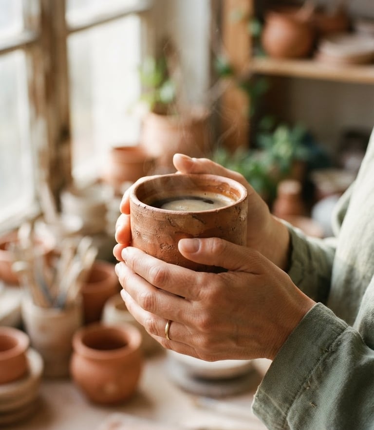 Close-up of warm hands cradling a textured terracotta ceramic mug filled with coffee, soft morning sunlight filtering through a workshop window, shallow depth of field