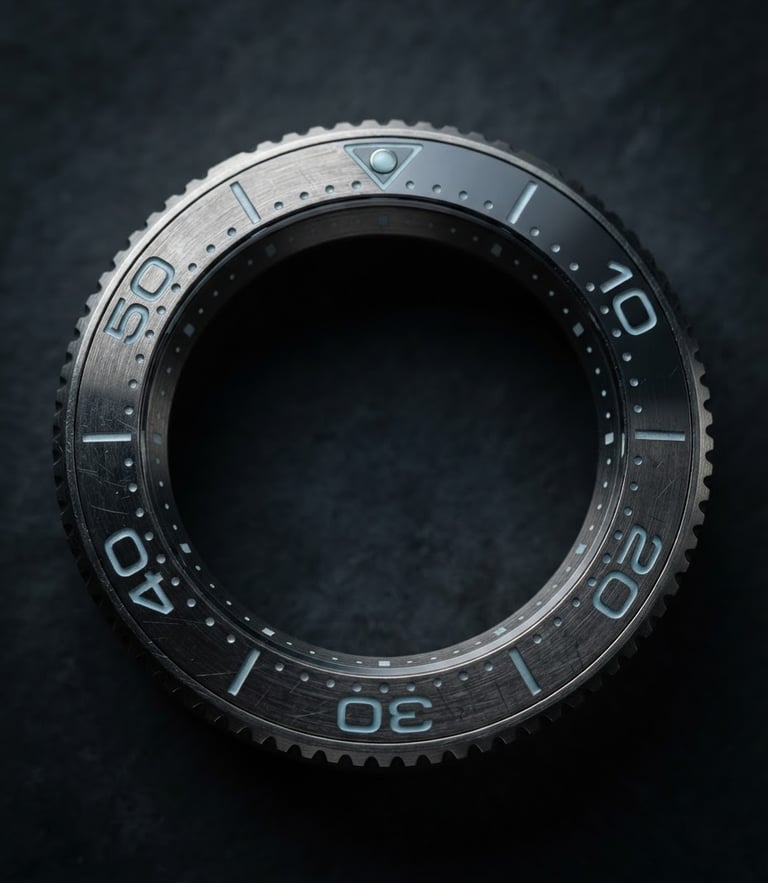 Macro studio shot of a titanium watch bezel, dramatic low-key rim lighting, dark moody charcoal background, sharp metallic textures.
