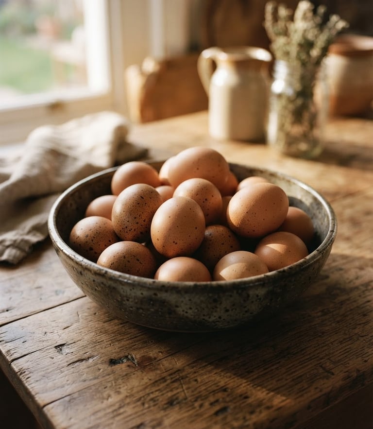 Rustic ceramic bowl filled with brown, textured farm-fresh eggs on a wooden table, soft morning sunlight casting long shadows, warm editorial photography, 35mm film.
