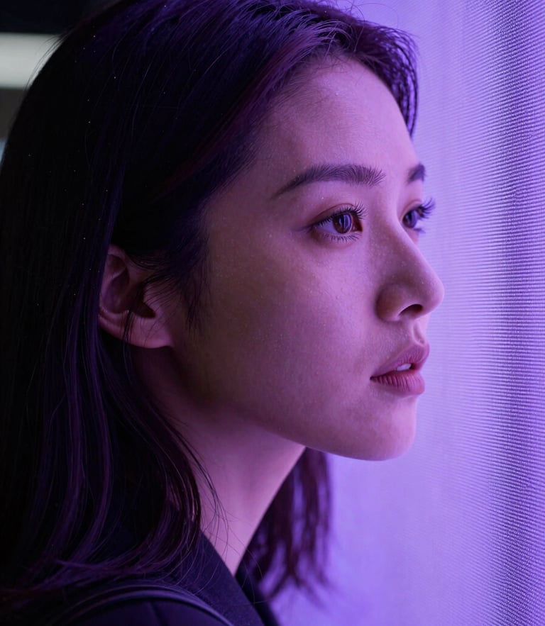 Cinematic portrait of a woman looking thoughtfully past a glowing screen, soft volumetric purple light, high-contrast editorial style.