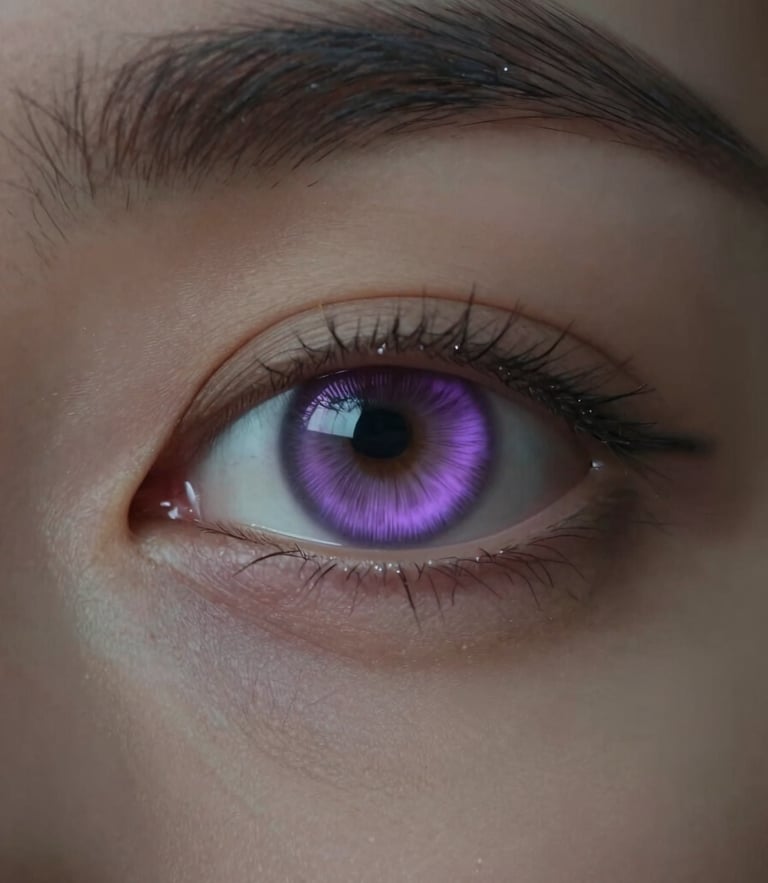 Close-up of a synthetic model's eye reflecting a shifting digital lavender pattern, macro lens, dark minimalist composition.