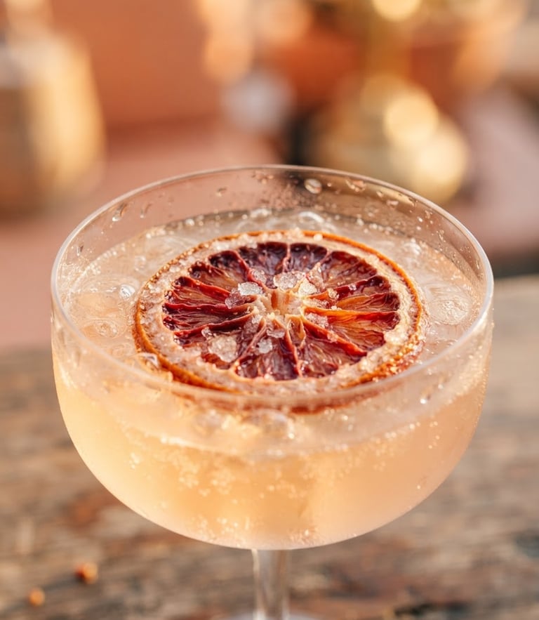Macro shot of a vibrant dehydrated blood orange wheel floating on a crystal-clear cocktail, warm golden-hour light, soft peach tones, shallow depth of field