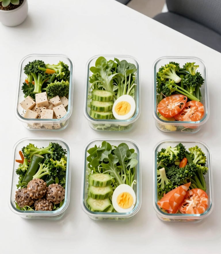 Bright high-key food photography, natural morning daylight, overhead flatlay of neatly organized boxed lunches with crisp greens on a clean white table, modern office background