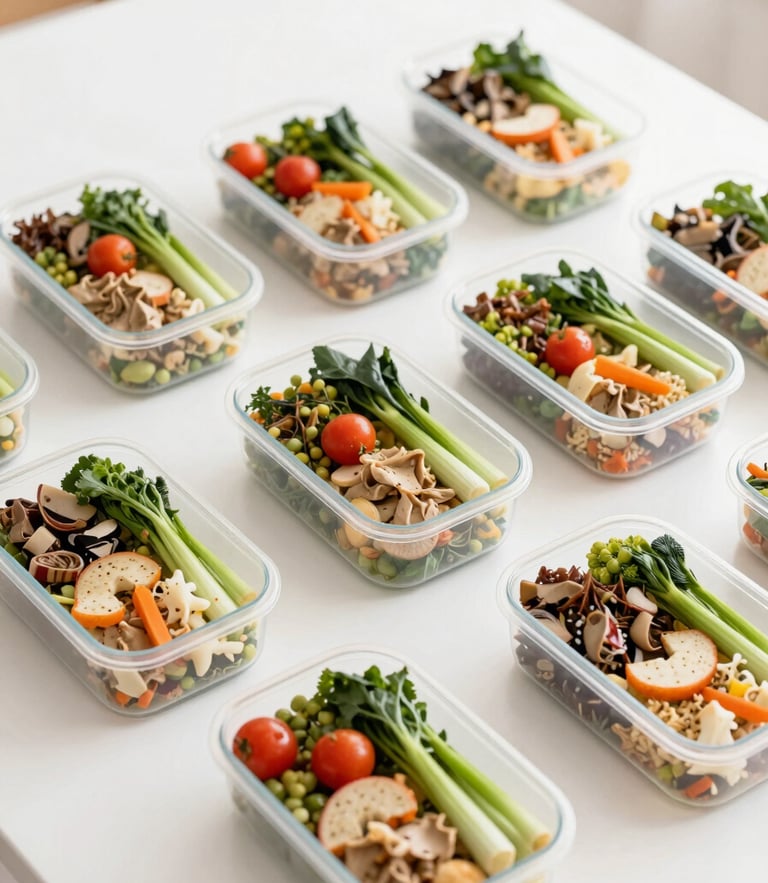 Overhead shot of neatly organized boxed lunches on a clean white table, bright morning daylight, fresh colors