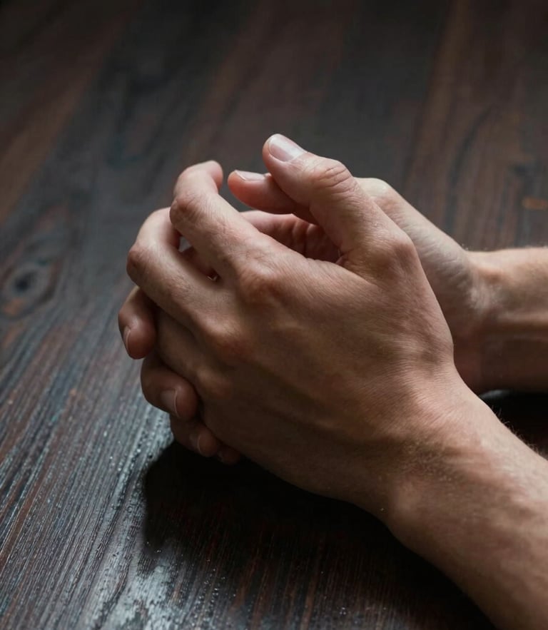 High-contrast close-up of a person's hands clasped in quiet reflection over a dark, textured wood surface. Deep side-lighting, heavy shadows, no screens or technology visible.