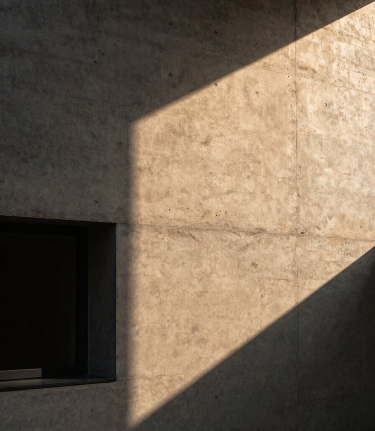 Tight portrait-aspect architectural crop of a raw board-formed concrete wall casting deep geometric shadows under warm golden hour light, 35mm lens.