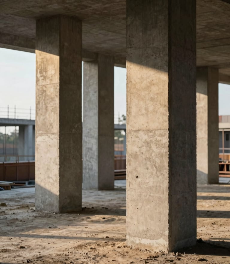Raw unpolished concrete pillars rising from a dusty building site, harsh afternoon light casting long geometric shadows, 35mm lens.