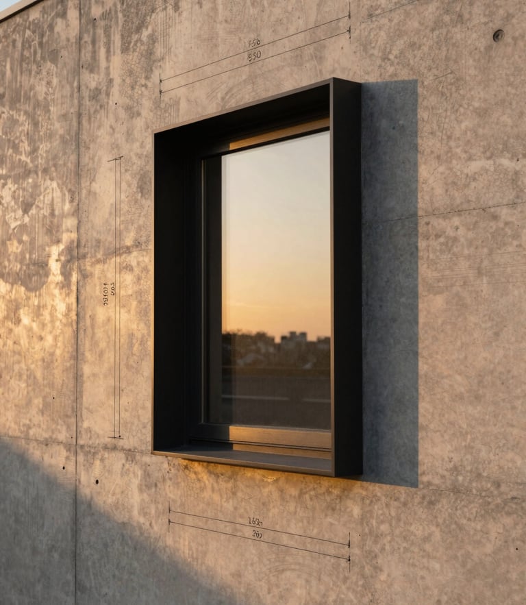 Architectural blueprint overlay on raw concrete wall, warm golden-hour light, geometric lines, 35mm lens.
